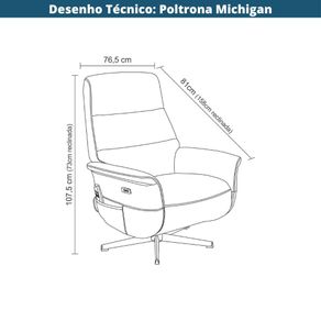 4 Poltrona Massagem Reclinavel Michigan Rivatti PU Preto Base Aco Preto com Controle e Apoio para Pes Desenho tecnico